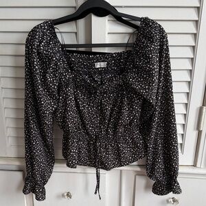 Paper Crane Black Floral Smocked-Waist Peplum Blouse